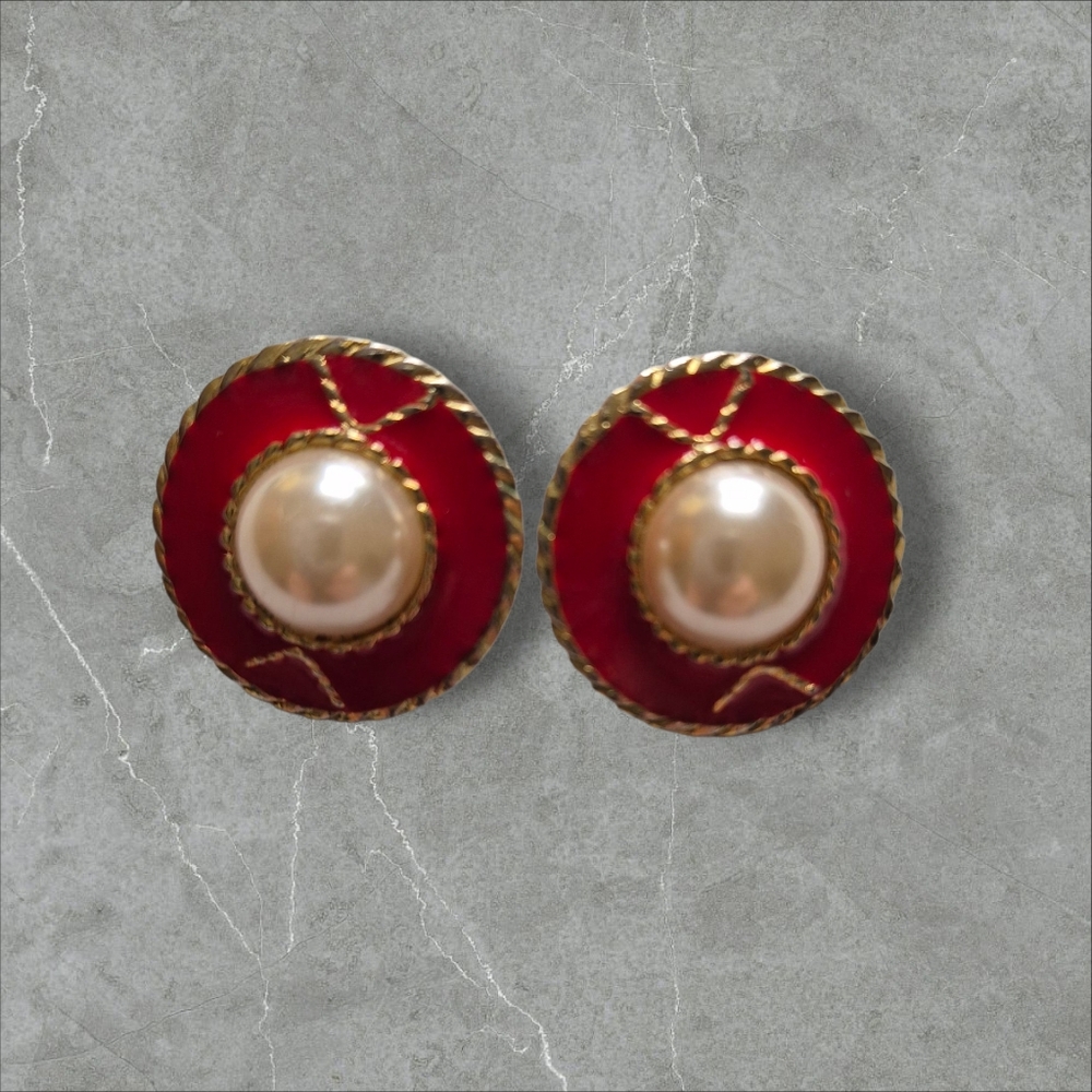 Round Red goldtone Rope Trim clip on vintage earrings - Picture 6 of 8